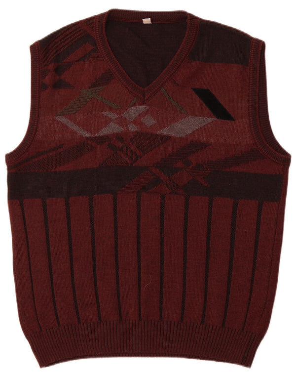 VINTAGE Mens Vest Tank Top UK 42 Large Burgundy Geometric New Wool