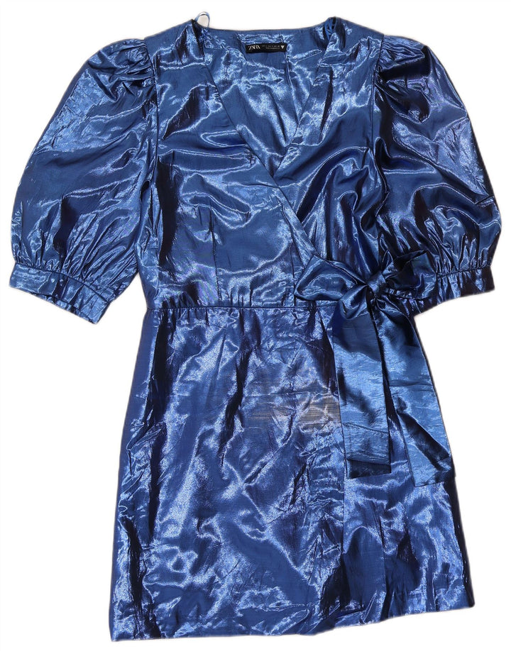 Zara Mujer Vestido Acampanado UK 8 Pequeño Poliéster Azul