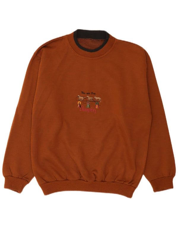 Vintage hombres sudadera gráfica jumper medio marrón algodón