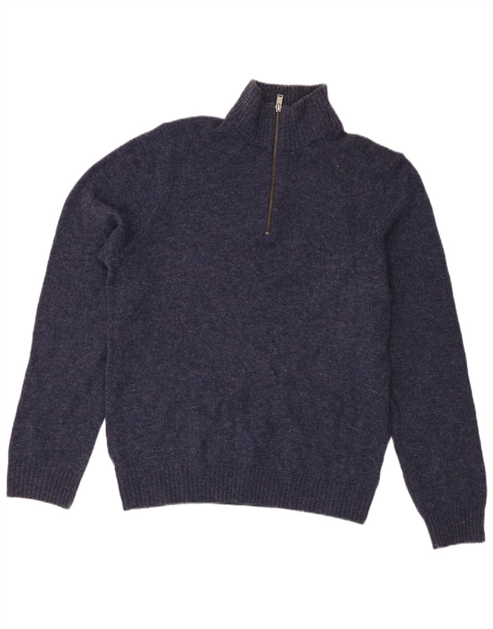 Marks & Spencer Suéter tipo jersey con cuello y cremallera para hombre de lana de cordero azul marino mediano