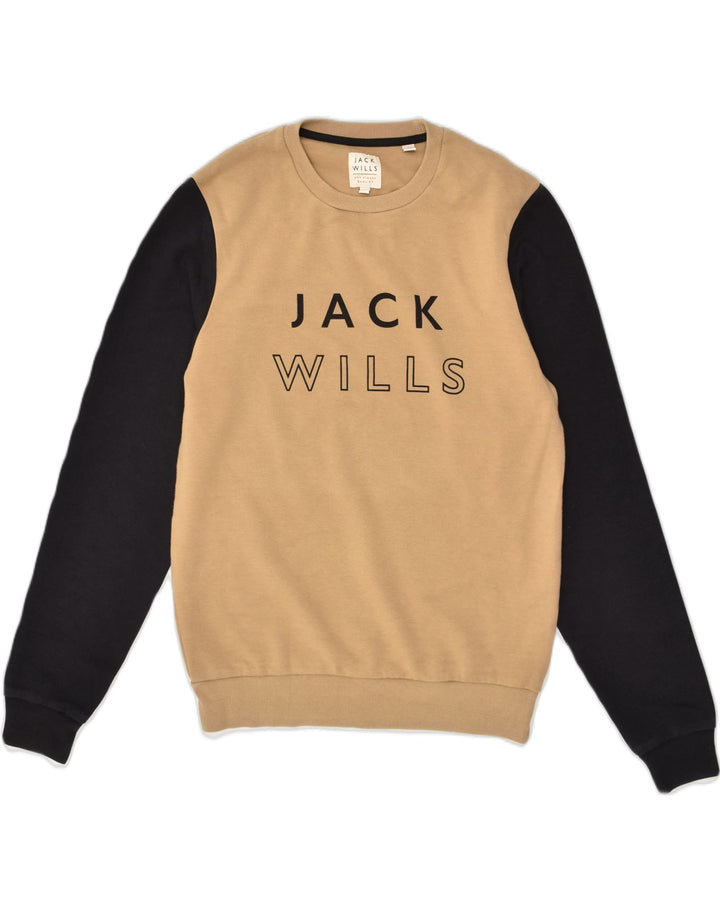 JACK WILLS Mens Graphic Sweatshirt Jumper Small Beige Colourblock Cotton | Vintage Jack Wills | Thrift | Second-Hand Jack Wills | Used Clothing | Messina Hembry 