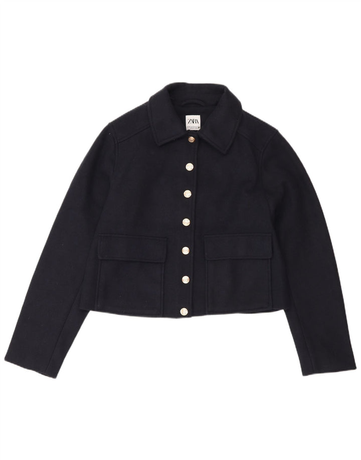 Zara Mujer Crop Bomber Jacket UK 6 XS Azul Marino Poliéster
