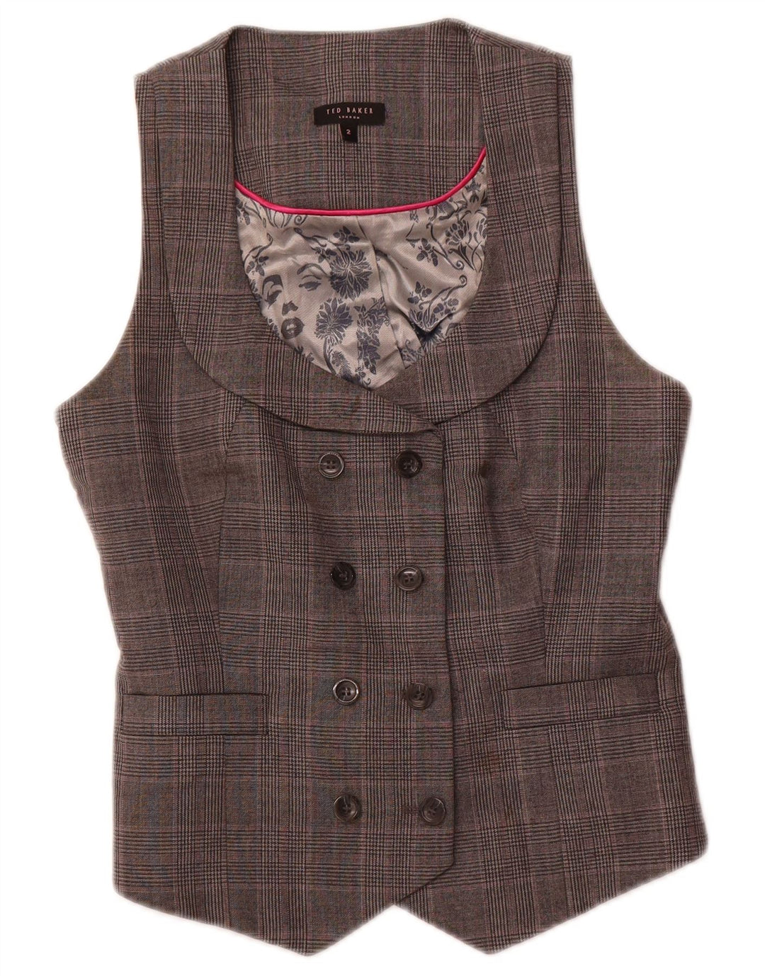 TED BAKER Chaleco cruzado para mujer talla 2 lana a cuadros gris pequeña
