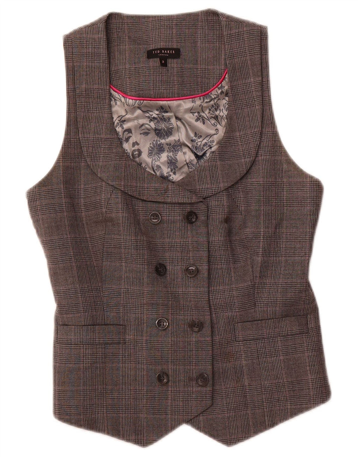 TED BAKER Chaleco cruzado para mujer talla 2 lana a cuadros gris pequeña