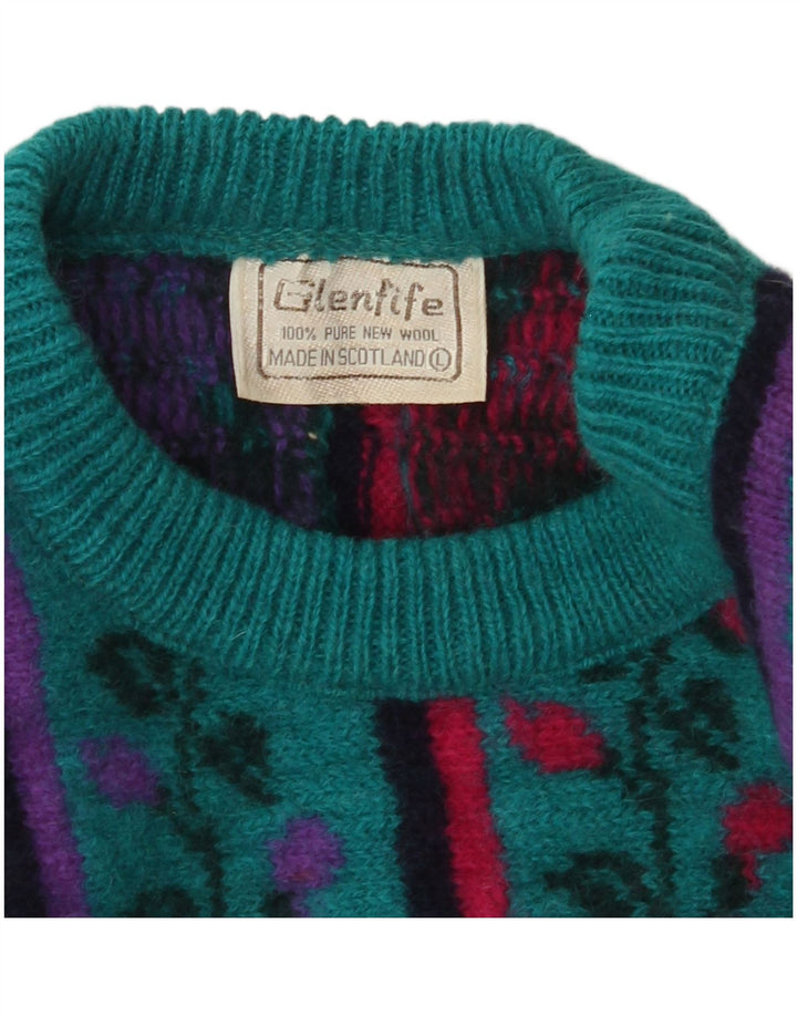 VINTAGE suéter de cuello redondo para mujer Reino Unido 16 lana floral turquesa grande