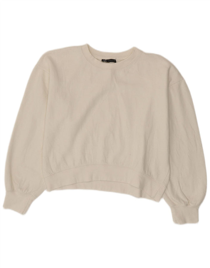 Zara Mujer Crop Sudadera Jumper UK 14 Medium Blanco