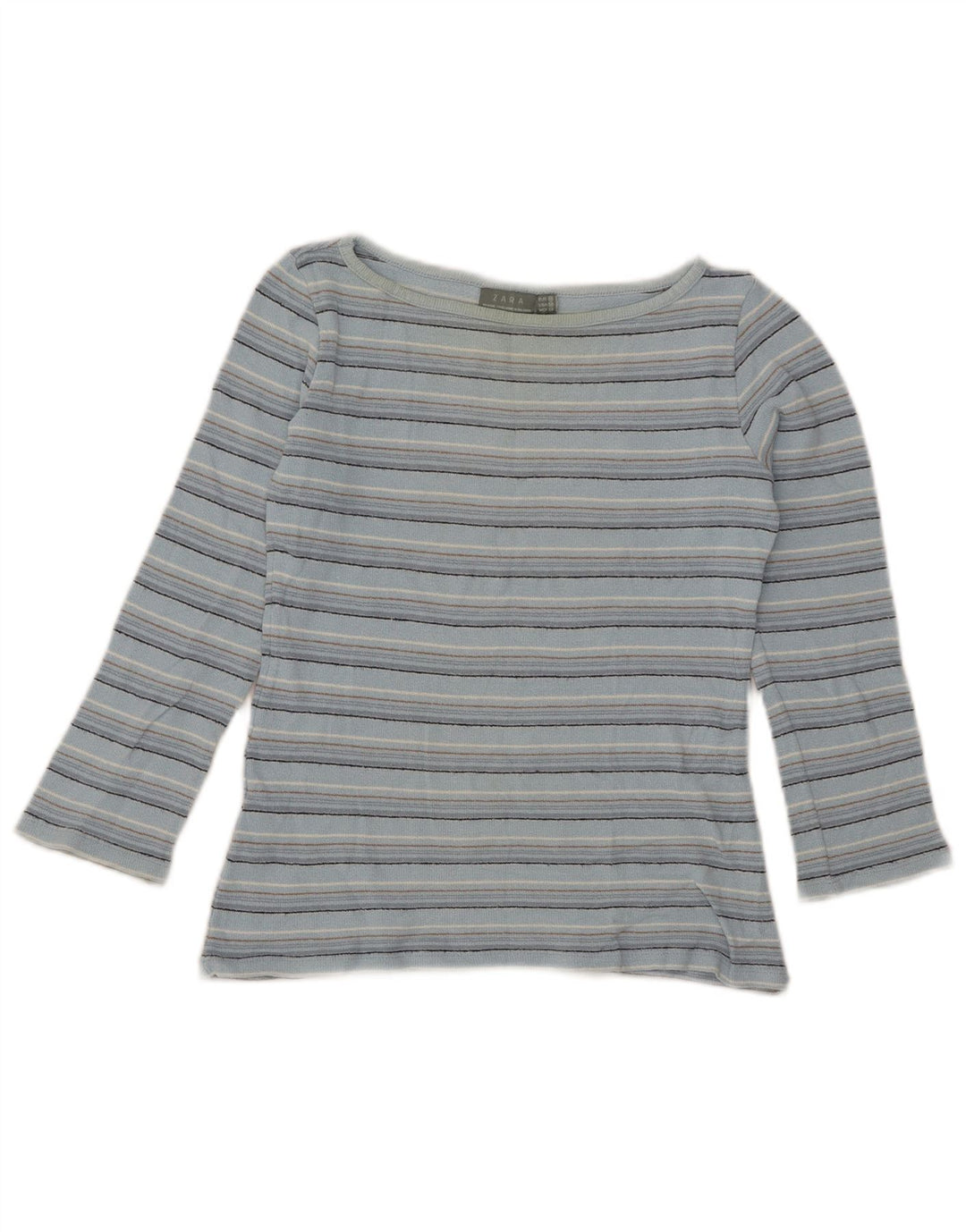 Zara Mujer Crop Top Manga 3/4 UK 42 Mediano Azul Rayas