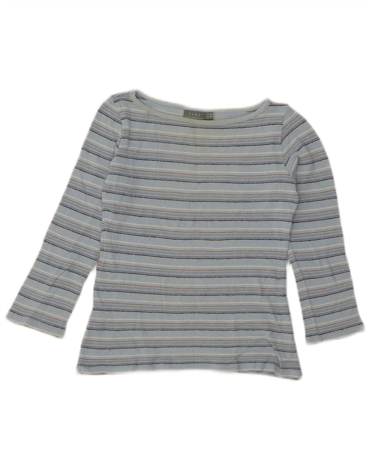 Zara Mujer Crop Top Manga 3/4 UK 42 Mediano Azul Rayas
