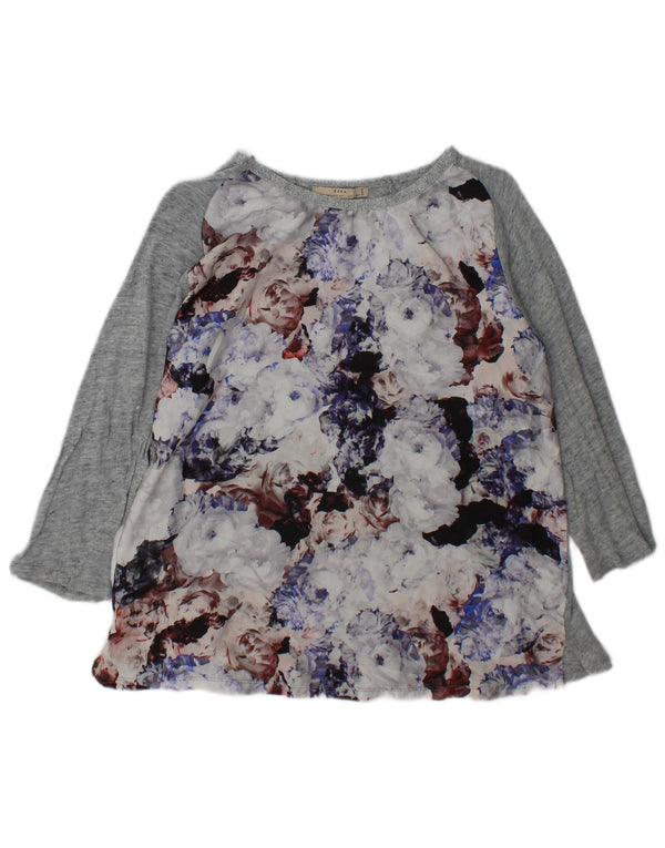 Zara Mujer Blusa De Manga Larga Top UK 44 Grande Gris Floral