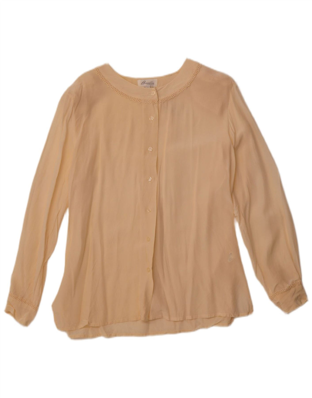 VINTAGE Mujer Ver a través de blusa camisa Reino Unido 14 Seda Beige Mediana