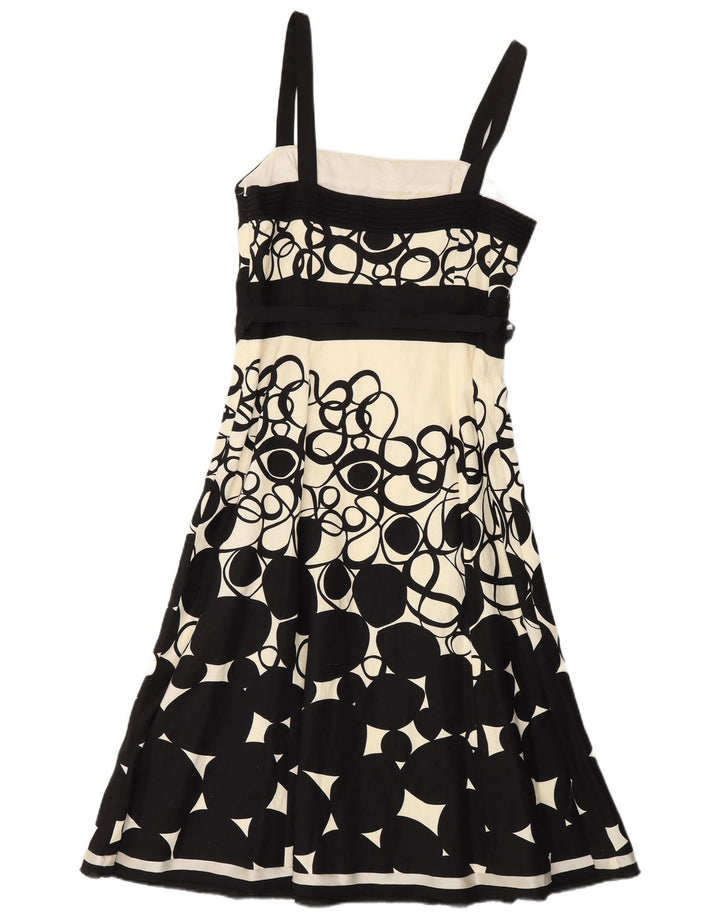 MONSOON Vestido acampanado sin mangas para mujer UK 40 Pequeño lino geométrico negro