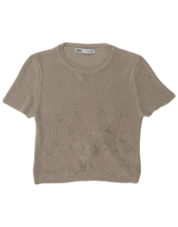 Zara Mujer Blusa Corta Top UK 42 Medio Beige