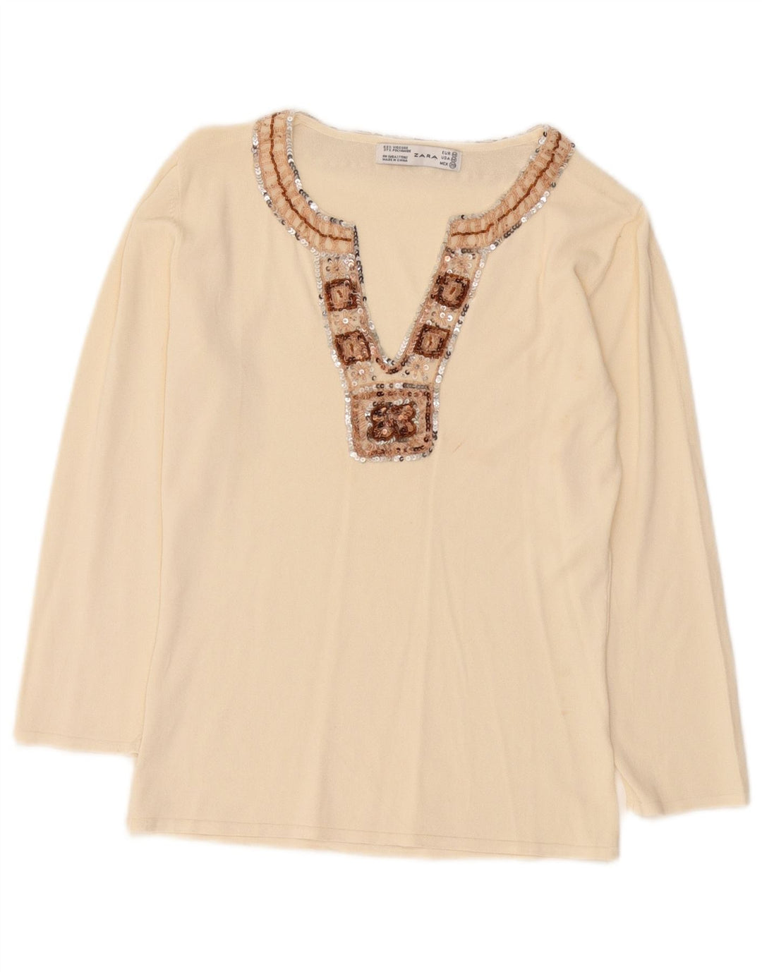 Zara Mujer Top Manga Larga UK 42 Viscosa Beige Medio