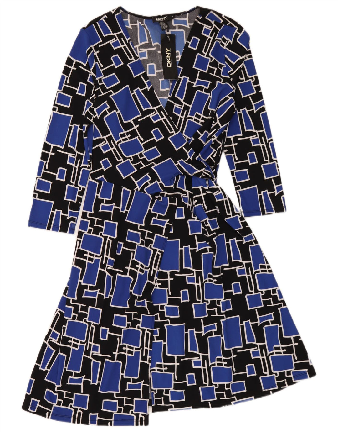 Dkny Vestido cruzado de manga 3/4 para mujer Talla única Poliéster geométrico azul