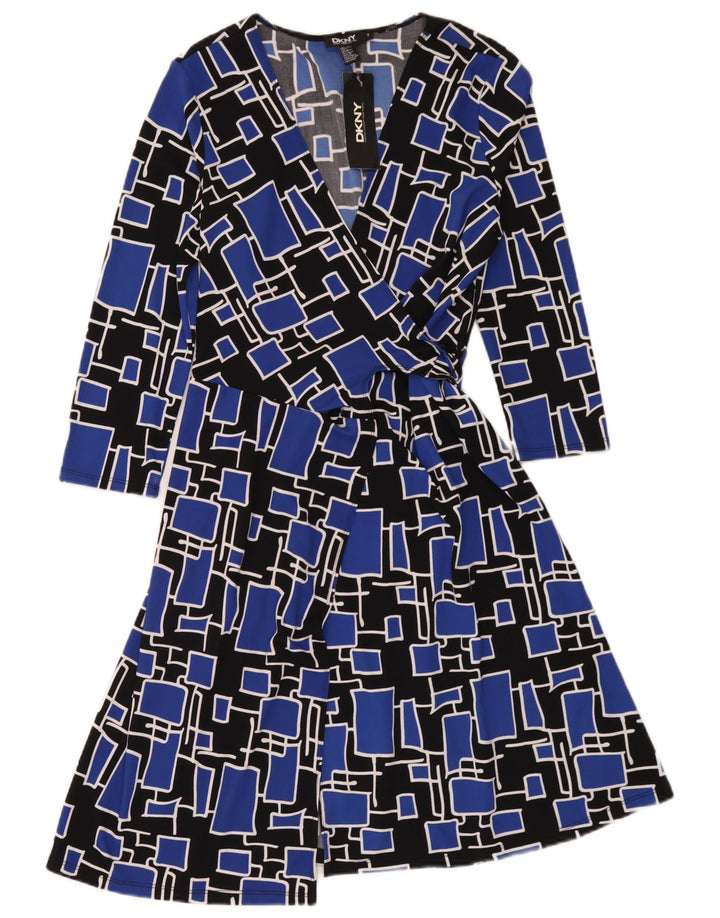 Dkny Vestido cruzado de manga 3/4 para mujer Talla única Poliéster geométrico azul