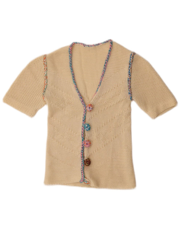 Vintage mujer manga corta Cardigan suéter Reino Unido 4 XS blanco apagado