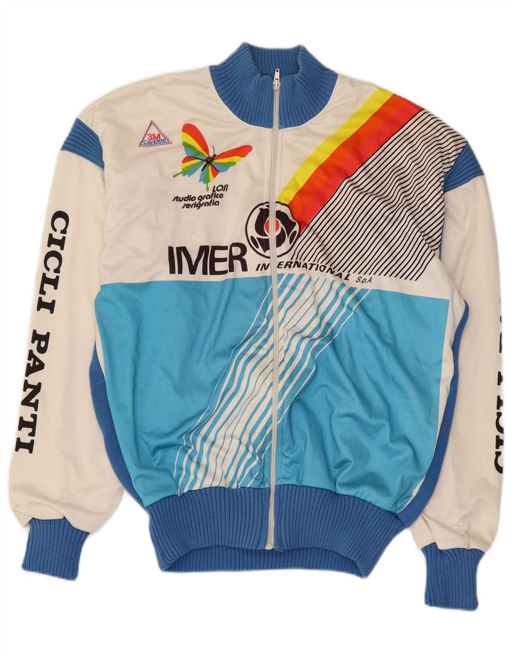 Vintage hombres gráfico chándal top chaqueta IT 50 medio azul colorblock