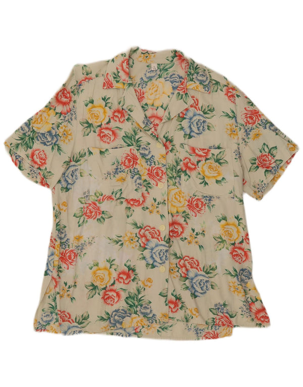 Vintage mujer manga corta camisa de gran tamaño blusa Reino Unido 10 pequeño beige floral