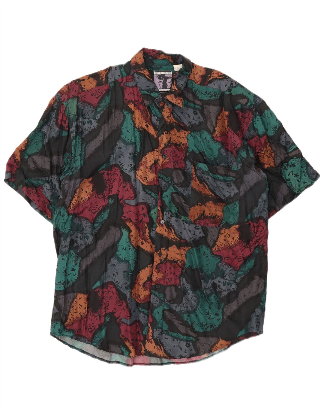 Vintage hombres patrón abstracto camisa de manga corta seda multicolor medio