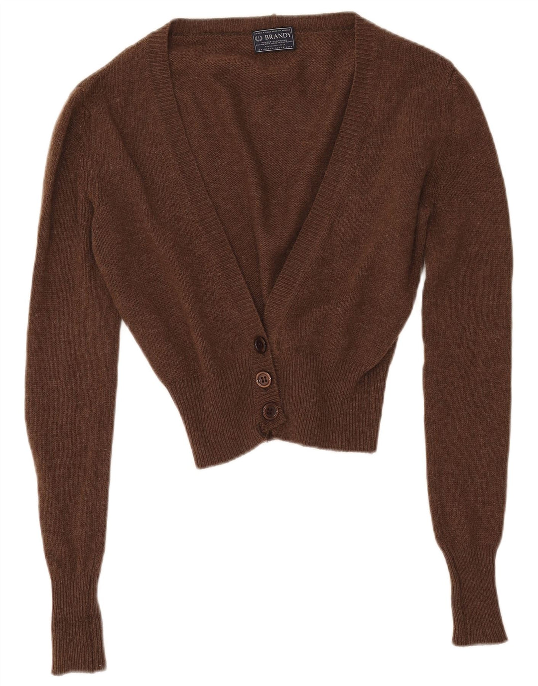 VINTAGE Mujer Crop Cardigan Suéter Reino Unido 14 Lana de cordero marrón medio