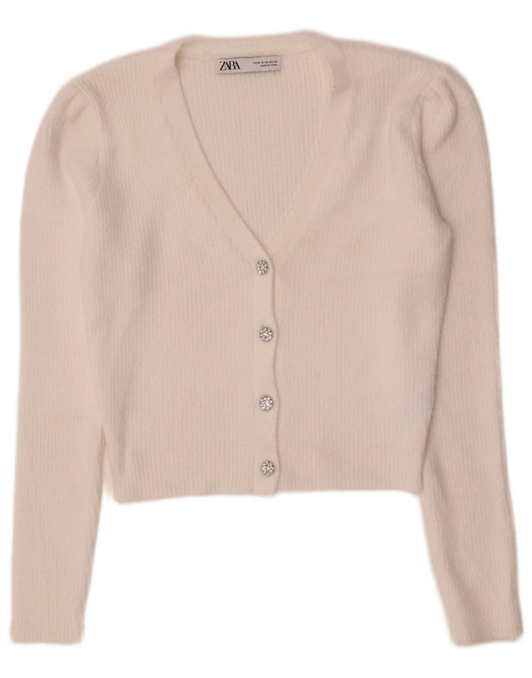 Zara Mujer Crop Cardigan Suéter UK 12 Medium White Nylon