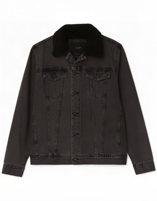 Zara Chaqueta vaquera Sherpa para hombre UK 40 Grande Algodón negro