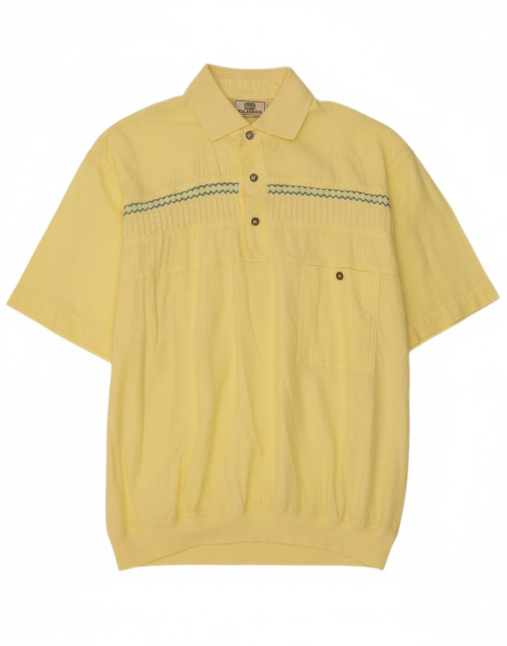 MALAGRIDA Mens Short Sleeve Pullover Shirt Large Yellow Striped Cotton