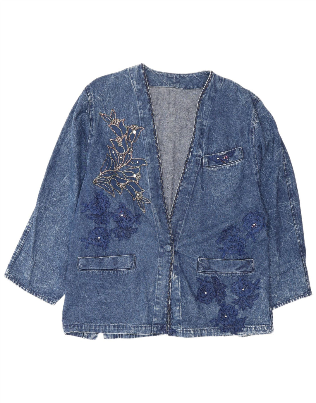 Vintage mujer gráfico suelto ajuste chaqueta de mezclilla IT 42 algodón azul medio