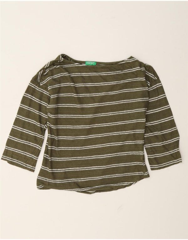 Benetton Top Extragrande De Mujer Manga 3/4 UK 6 XS Lino A Rayas Verde