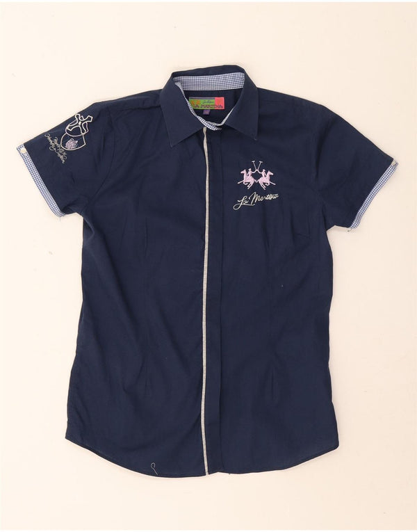 La Martina Camisa gráfica de manga corta para mujer UK 40 XL Algodón azul marino