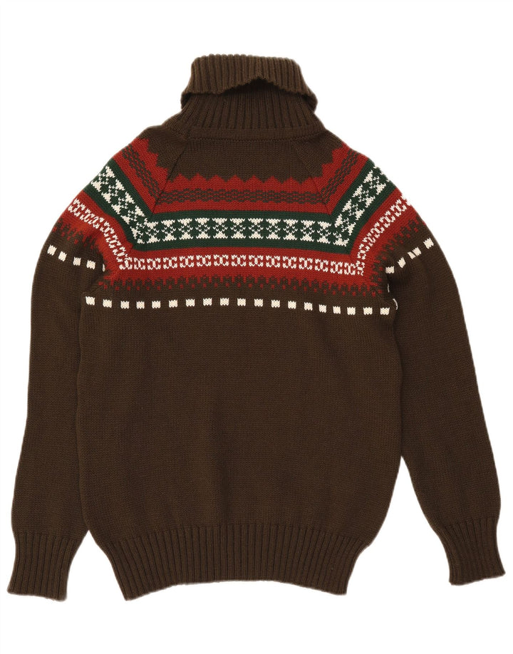 VINTAGE Hombres Roll Neck Jumper Suéter Pequeño Caqui Fair Isle