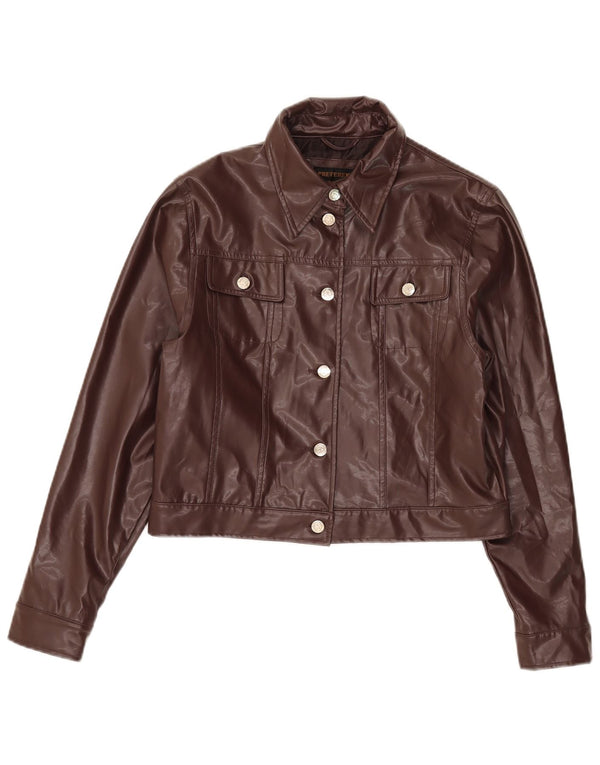 Vintage mujer crop faux cuero bomber chaqueta Reino Unido 14 medio marrón polivinilo