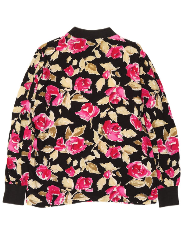 Vintage mujer top manga larga Reino Unido 14 medio negro floral viscosa