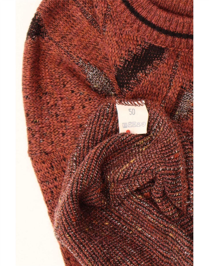 Vintage hombres cuello redondo jersey suéter IT 50 marrón medio lana geométrica