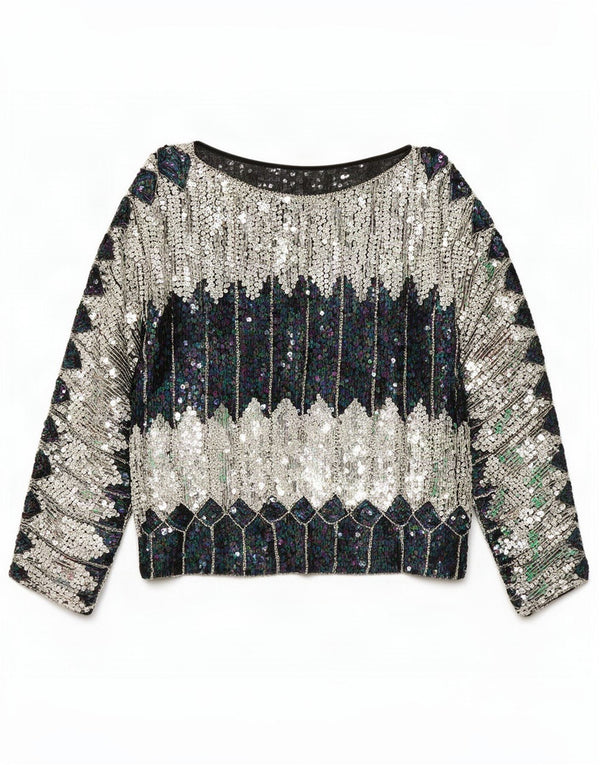 Vintage mujer lentejuelas blusa Top Reino Unido 20 2XL bloque de color multicolor