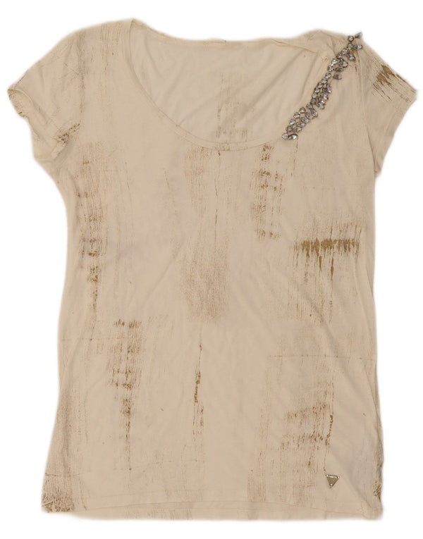 Guess Camiseta gráfica para mujer Top UK 6 XS Beige Tie Dye Algodón