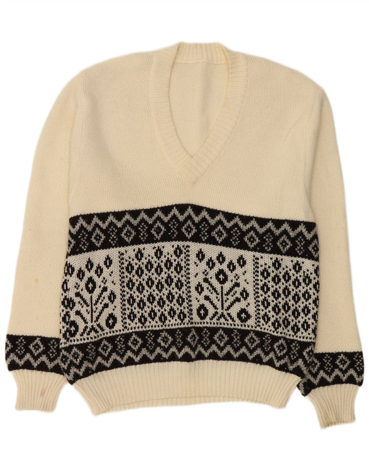 Vintage hombres V-cuello jumper suéter medio blanco geométrico