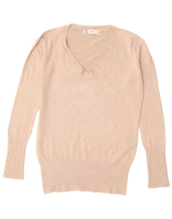 ZARA Mujer Jersey con cuello en V Jersey UK 42 Medium Beige
