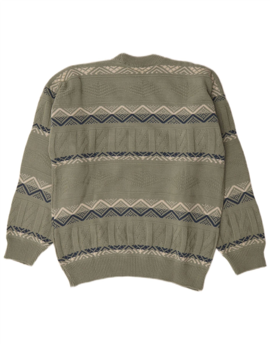 Vintage hombres cuello redondo jersey suéter medio caqui algodón geométrico
