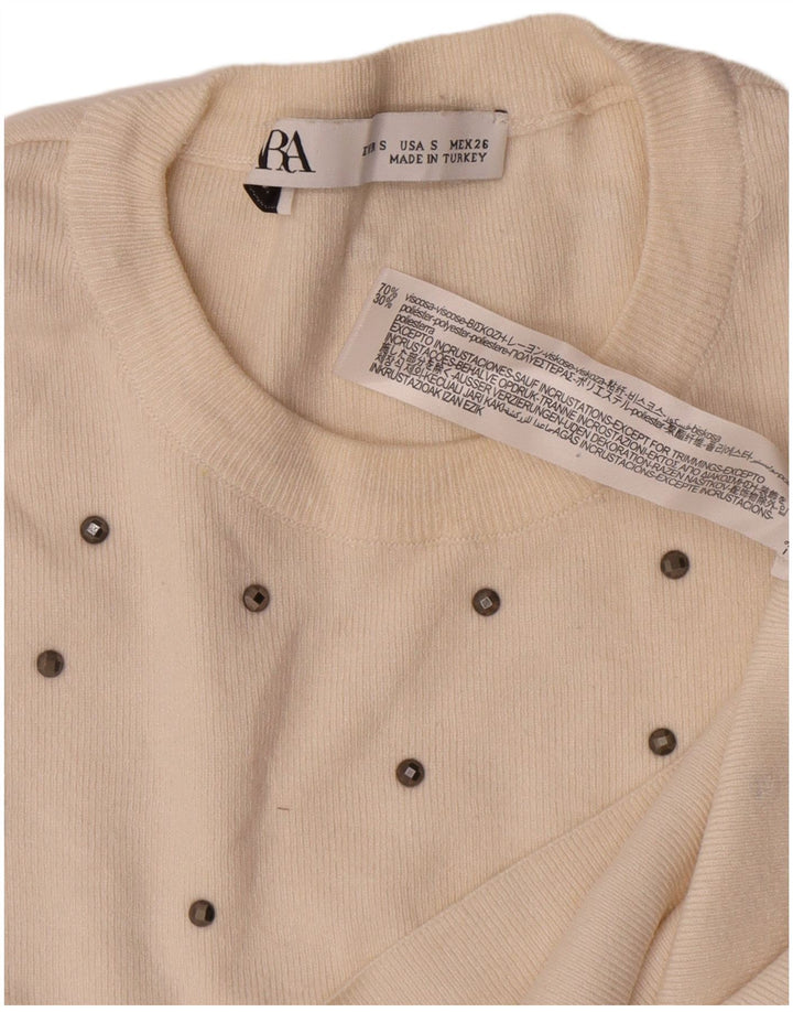 Zara Mujer Top Manga Larga UK 10 Small Off White Viscosa Moteada