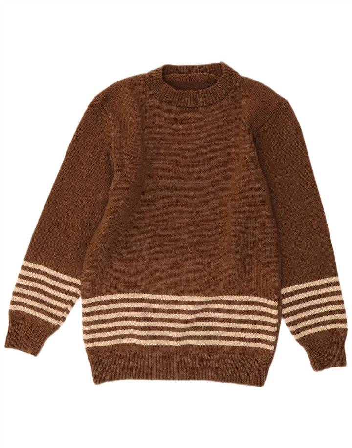 Vintage hombres cuello redondo jersey suéter medio marrón rayas