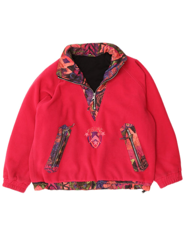Vintage mujer oversize zip cuello polar jumper Reino Unido 14 medio rosa geométrico