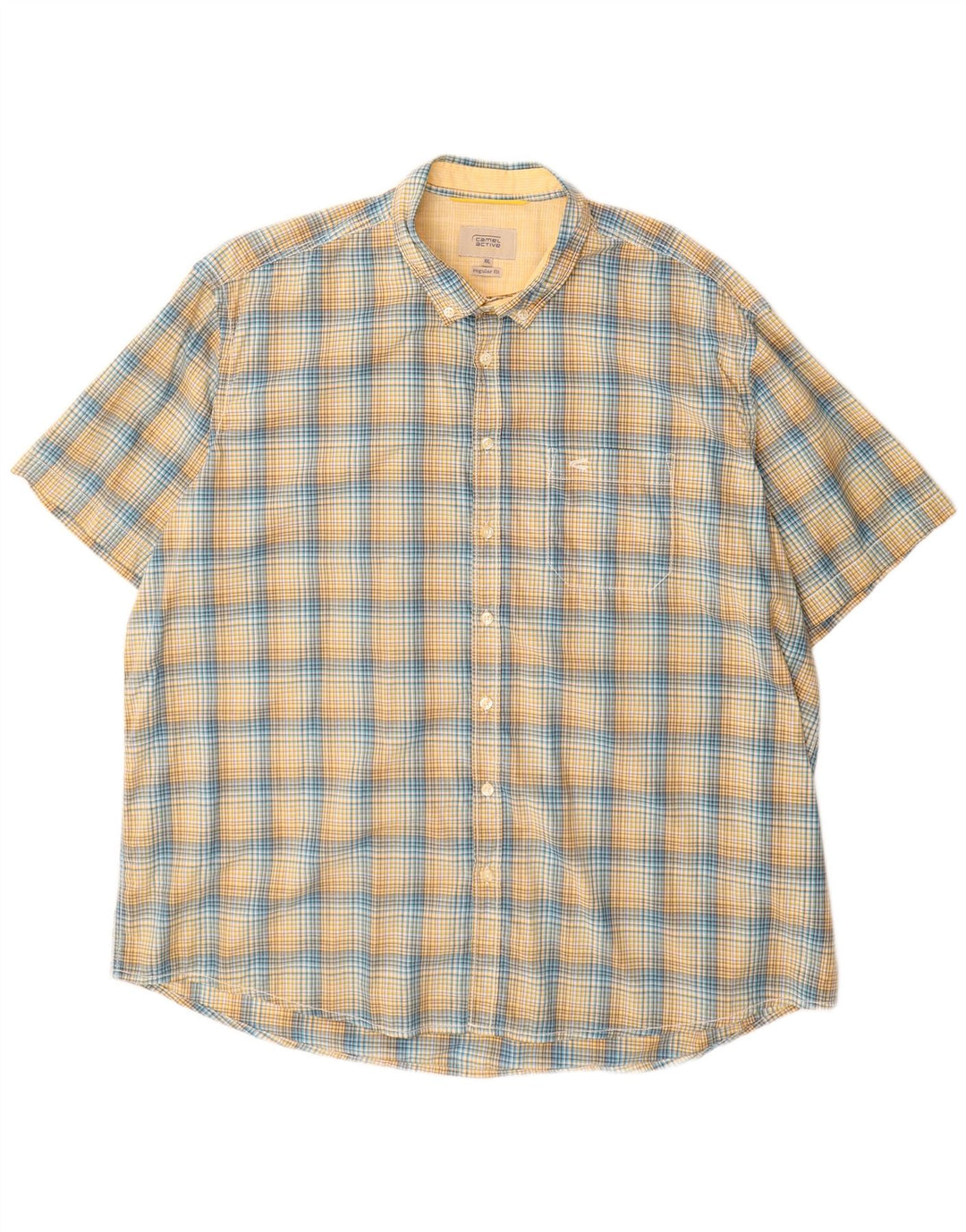 Camel Active - Camisa de manga corta para hombre, ajuste regular, talla 2XL, algodón a cuadros amarillos