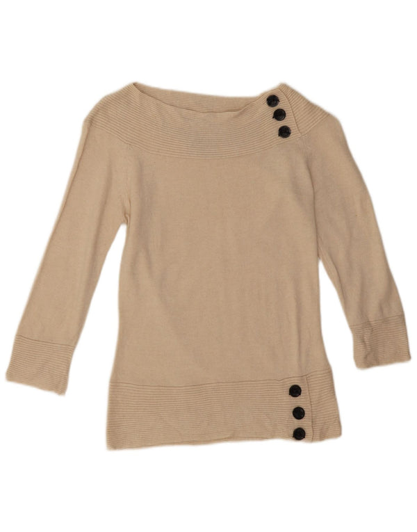 Marks & Spencer Suéter tipo jersey con cuello barco y manga 3/4 para mujer UK 8 Small Beige