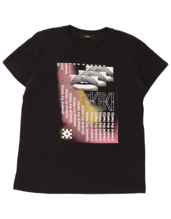 Diesel Mujer Camiseta Gráfica Top UK 10 Small Algodón Negro