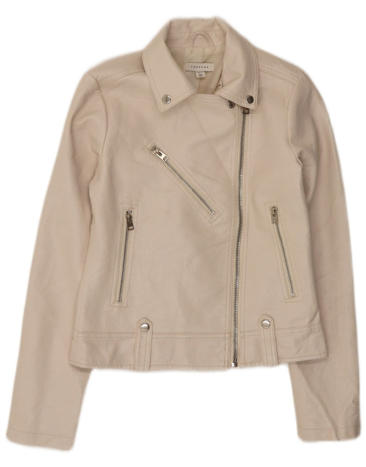Topshop Chaqueta motera de piel sintética para mujer UK 8 Small Off White Poliuretano