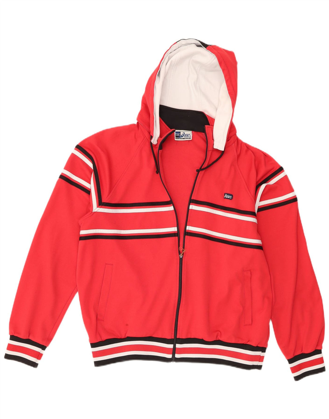 Asics Sudadera con capucha y cremallera para hombre, suéter deportivo de rayas rojas medianas