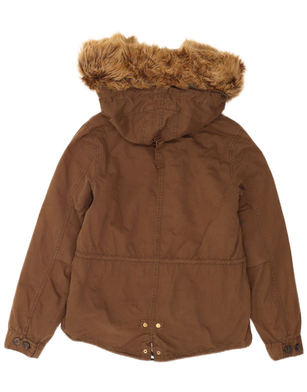 Zara Mujer Parka Extragrande Con Capucha UK 10 Small Marrón Poliéster