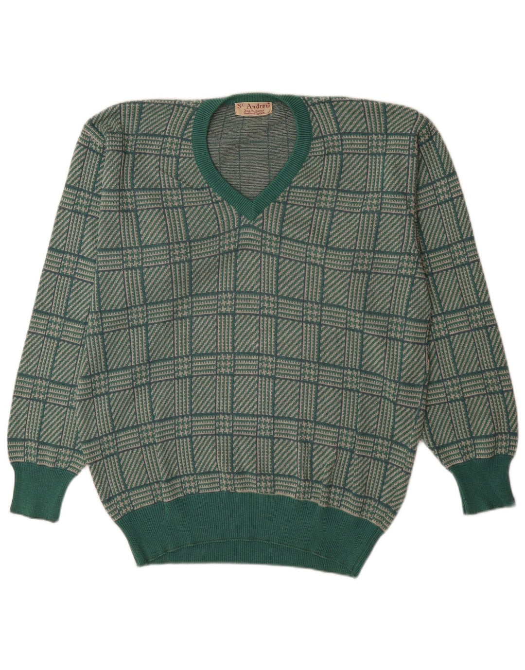 St. Andrews Jersey con cuello en V para hombre, talla grande, pata de gallo verde