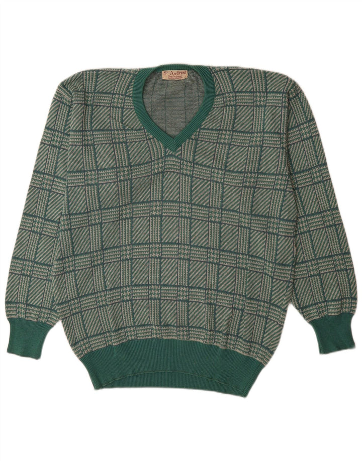 St. Andrews Jersey con cuello en V para hombre, talla grande, pata de gallo verde